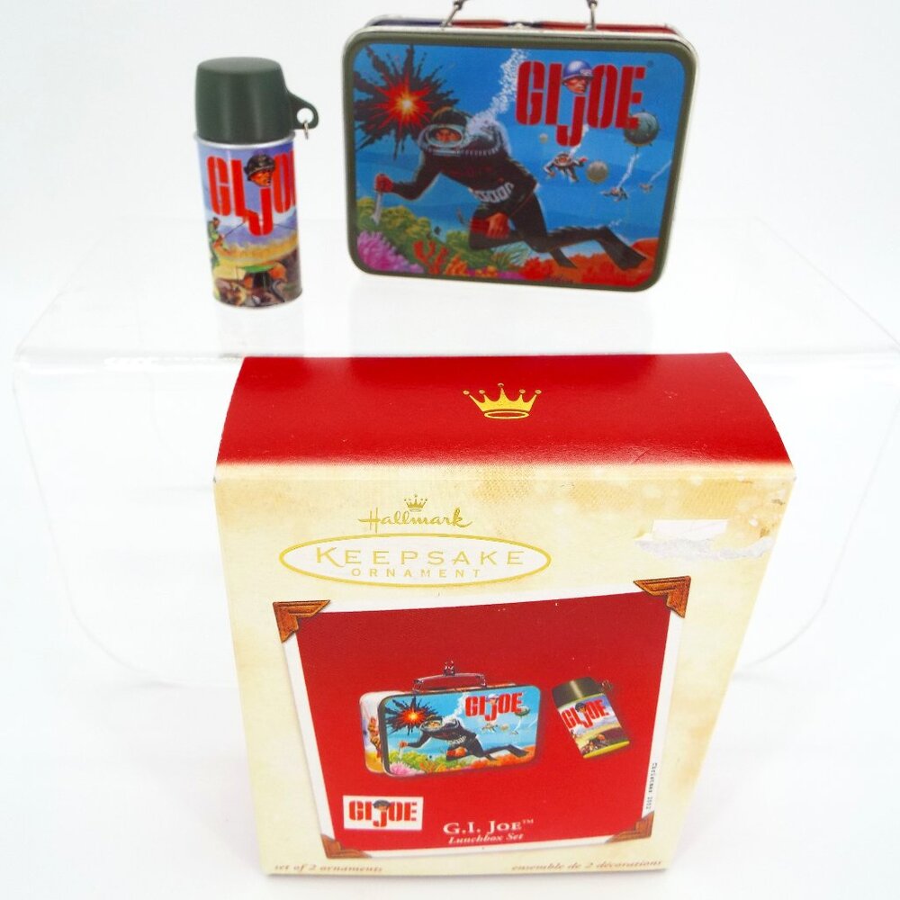 Hallmark Keepsake 2002 Pressed Tin G.I. Joe Lunchbox Thermos Set of 2 Ornaments